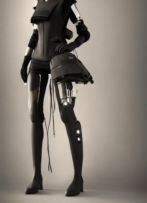 Prompt: haute couture, clothing setting for girl, model standing pose, futurism, vest, princess sleeve jacket, shorts, boots, headphones, cyberpunk style, render by octane and blender, hyper realistic, hyper detailed