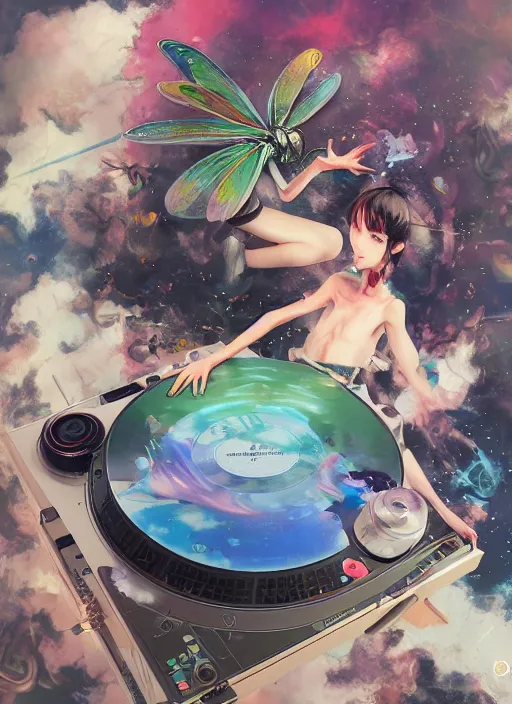 Prompt: surreal gouache painting, by yoshitaka amano, by ruan jia, by Conrad roset, by good smile company, detailed anime 3d render of a magical Dragonfly flying over a flying disco Vinyl, DJ Mixer, deck , controller, portrait, cgsociety, artstation, rococo mechanical and Digital and electronic, dieselpunk atmosphere