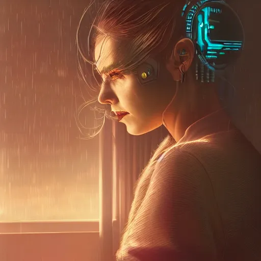 Image similar to portrait of cyberpunk woman looking out of a window, cyberpunk setting, futuristic, highly detailed, intricate lighting, digital painting, sharp focus, illustration, trending on artstation, art by wlop.