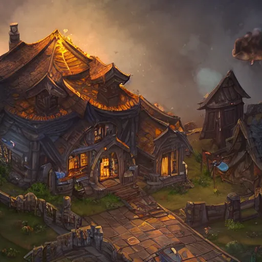 Image similar to trending on artstation, hearthstone. structures with tile roofs, and peaked wooden roofs, structures blackened to some degree by a patina of soot. structures darkest at the top, where the ash gathered, but rainwaters and evening condensations had carried the stains over ledges and down walls in an uneven gradient.
