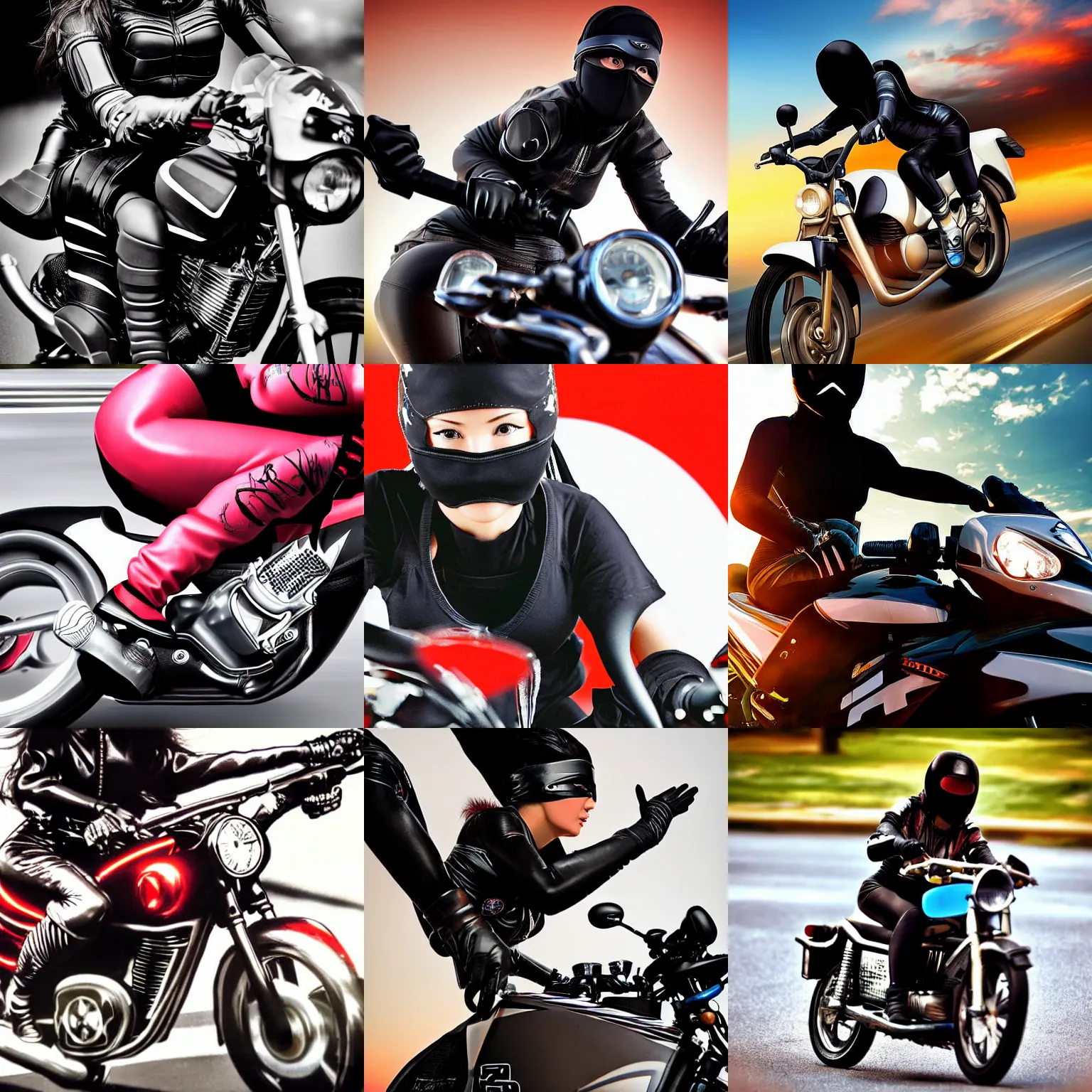 Prompt: Close up 2k photograph of a female ninja riding a motorbike in the style of 1980s