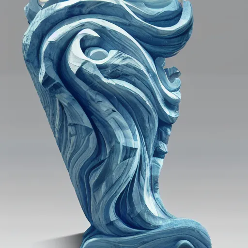 Image similar to carving of a jig ant sequoia with a giant blue and white foamy wave crashing behind it. Carved in translucent marble. Trending in artstation. Colorful. Low angle.