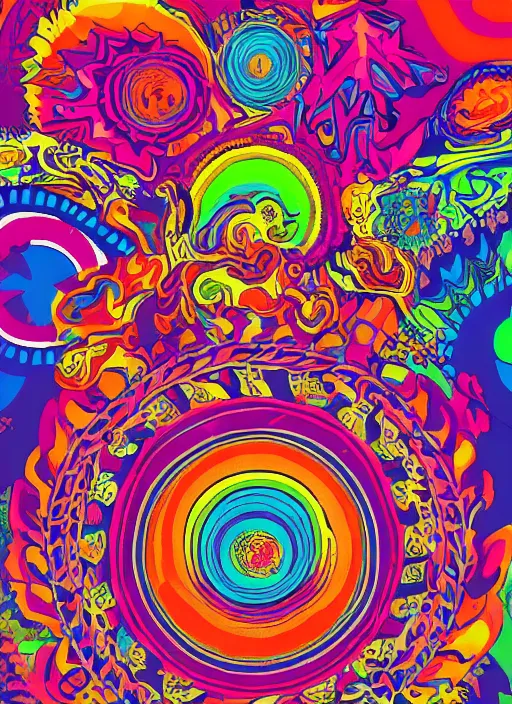 Image similar to the spirit of the psychedelic movement as a colorful poster from the sixties