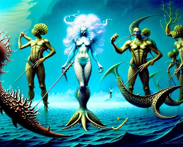 Prompt: the army of merfolk and sea monsters, ocean, fantasy character portrait made of fractals facing each other, ultra realistic, wide angle, intricate details, the fifth element artifacts, highly detailed by peter mohrbacher, hajime sorayama, wayne barlowe, boris vallejo, aaron horkey, gaston bussiere, craig mullins