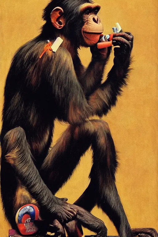 Image similar to a chimp in a clown suit, smoking a cigarette, painted by Norman Rockwell