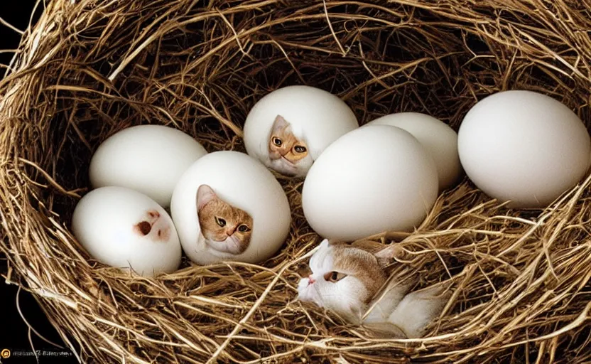 Prompt: david attenborough in a nest of eggs, exotic shorthair cat, mother cat, national geographic, strange, photorealistic