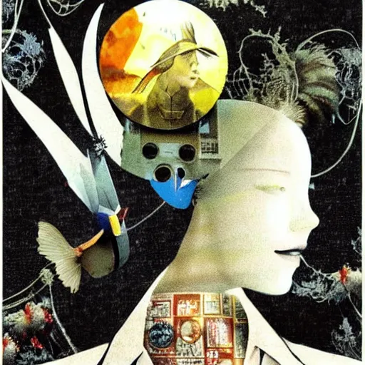 Image similar to a naive woman with a memory that survives the reset of the world, and a small robot bird on her shoulder, collage artwork by dave mckean and yoshitaka amano