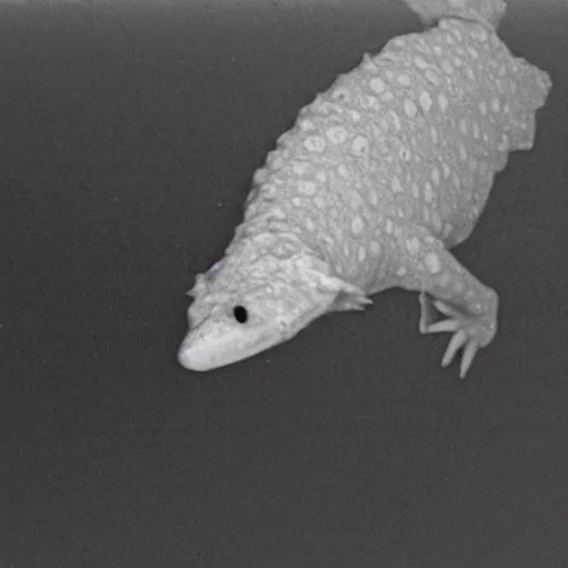 Prompt: giant mutant axolotl escaping from a secret government lab, black and white, leaked cctv footage