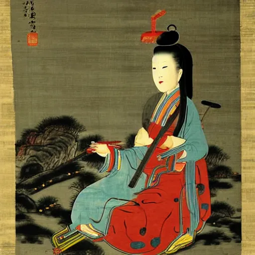 Prompt: the Chinese ancient painting of a lady playing electric guitar in Tang Dynasty , by Han Xizai