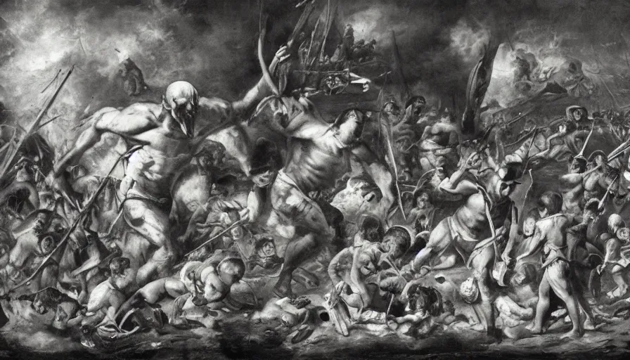 Prompt: giant man - babies battling, photograph, historic, detailed