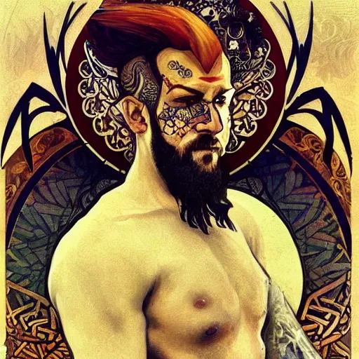 Image similar to portrait of tattooed Slavic Viking priest by Anato Finnstark, Alphonse Mucha, and Greg Rutkowski