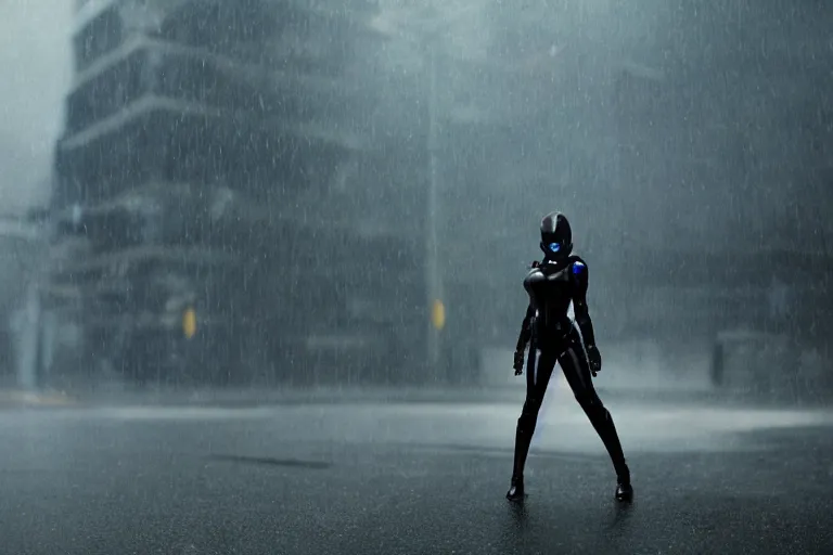 Prompt: vfx marvel sci-fi woman black super hero robot photo real, city street cinematic lighting, rain and fog by Emmanuel Lubezki