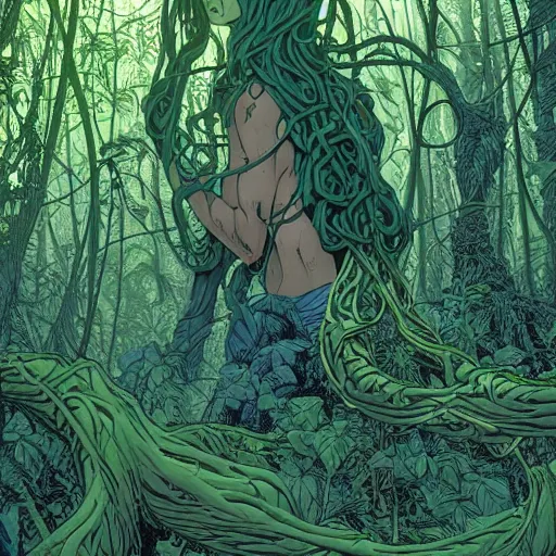 Image similar to EXTREMELY DETAILED TWISTED DENSE vegetation stunning jungle beautifully-rendered verdant green ENT NYMPH twisting winding knotted tangled vines and trees by moebius by James Jean, by Mike Mignola comic graphic novel style action illustration COMPLICATED INTRICATE BUSY, gritty textured, trending on artstation