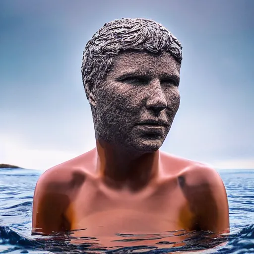 Prompt: a sculpture made of water in the shape of a human head, on the ocean water, water manipulation photoshop, behance, ray tracing, cinematic, in the style of johnson tsang, long shot, hyper detailed, hyper realistic, 8 k resolution, sharp focus, realistic water, award winning