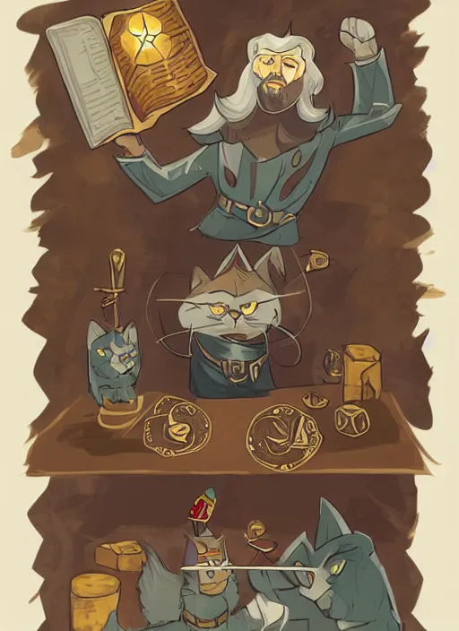 Image similar to powerful wizard cat playing dungeons and dragons, character design white background, by simon kennedy, studio muti