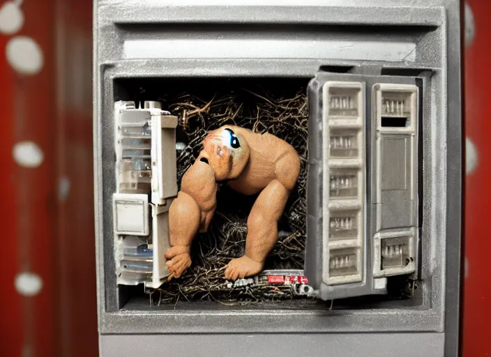 Image similar to human - ape hybrid inside fuse box in post communist apartment building