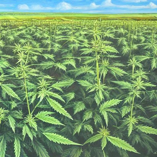 Prompt: a oil painting of a field of marijuana plants