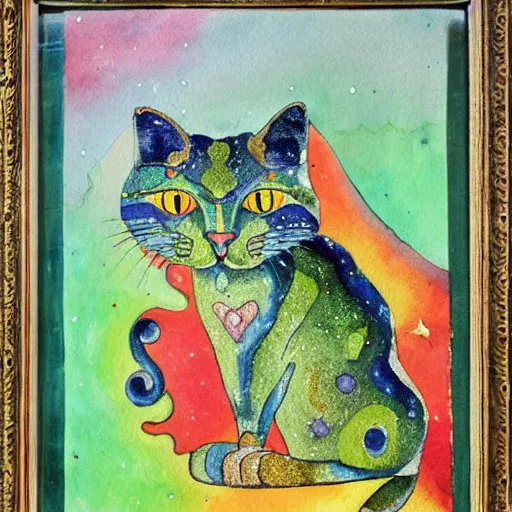 Prompt: a green cat surrounded by galaxies, watercolor by Louis William Wain,