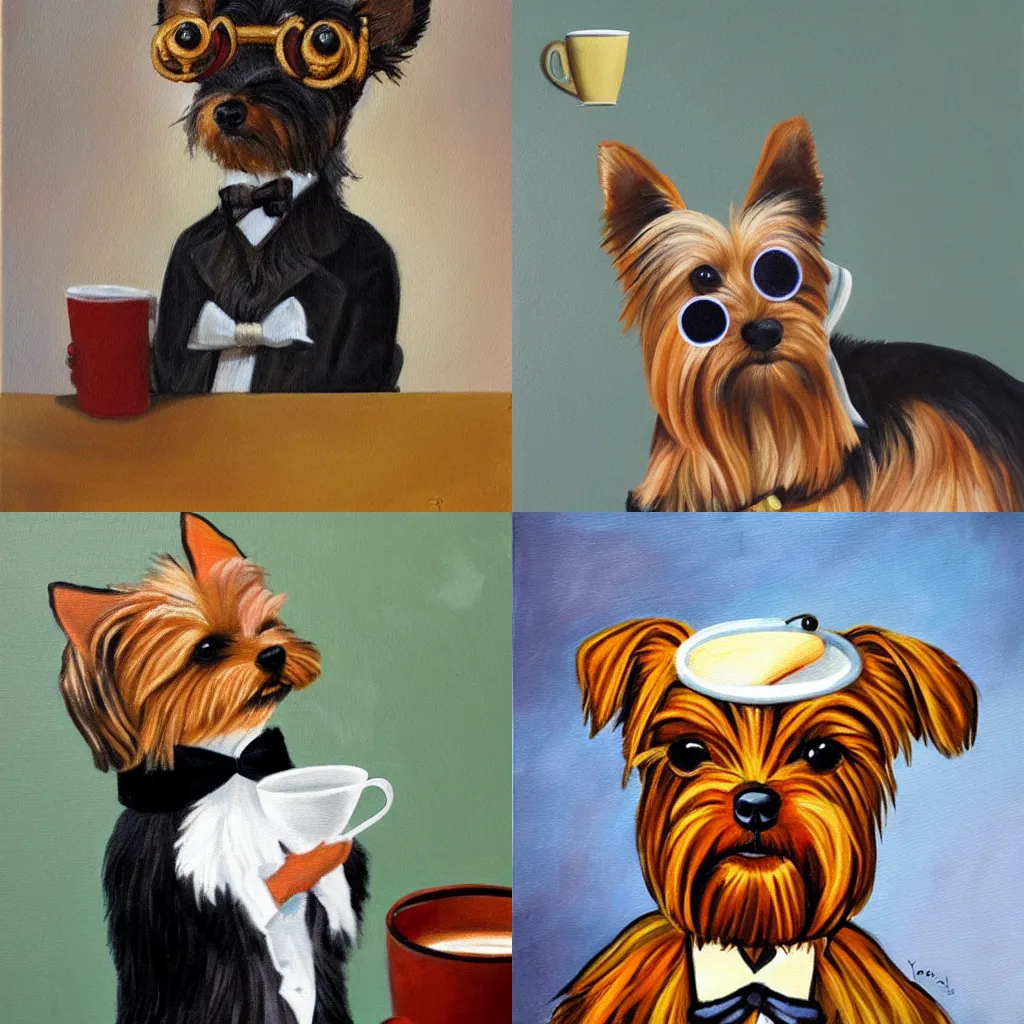 Prompt: painting of a yorkie with a monocle sipping coffee