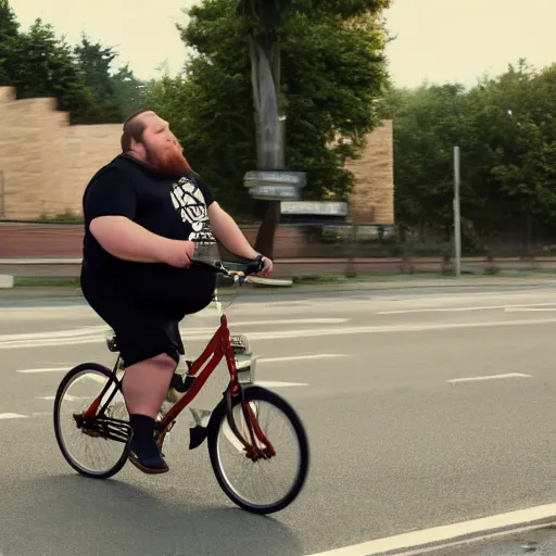 Image similar to a fat man riding a small bicycle