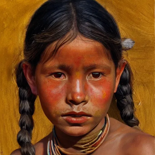 Image similar to high quality high detail painting by lucian freud, hd, portrait of a indigenous tribe girl, photorealistic lighting