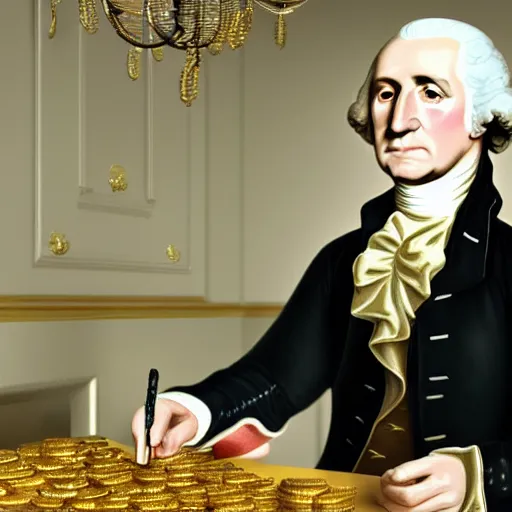 Image similar to a closeup photorealistic photograph of a happy George Washington inspecting small gold Doubloon coins at his home on Cherry Street. This 4K HD image is Trending on Artstation, featured on Behance, well-rendered, extra crisp, features intricate detail and the style of Unreal Engine.