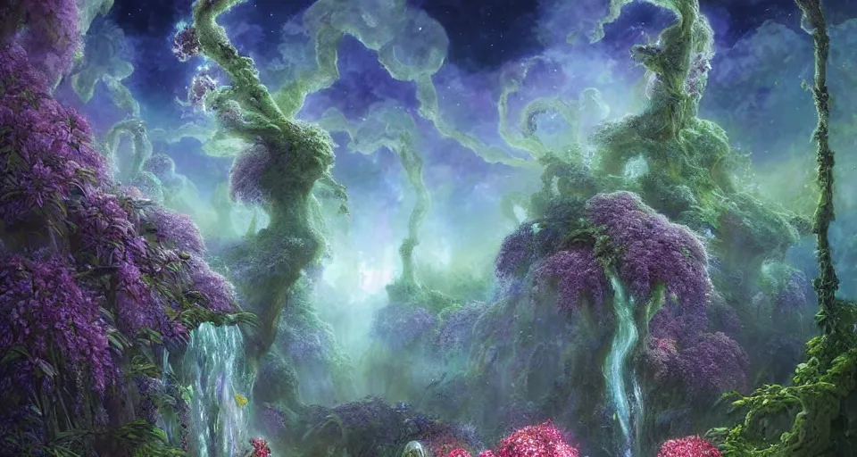 Image similar to a large alien shrine shrouded by mystic nebula magic in a field of flowers, ferdinand knab, breath - taking beautiful flowers, streams, nebula, and mist, an aesthetically pleasing, dynamic, energetic, lively, complex, intricate, detailed, well - designed digital art of magic, streams, flowers, and mist, early morning, light and shadow