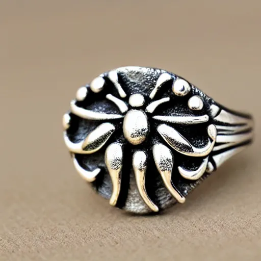 Image similar to a bee - patterned silver stone ring, realistic, high detailed, light colors