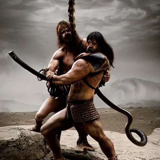 Prompt: conan the barbarian wrestling a snake, dramtic lighting, award winning photograph, cinematic still