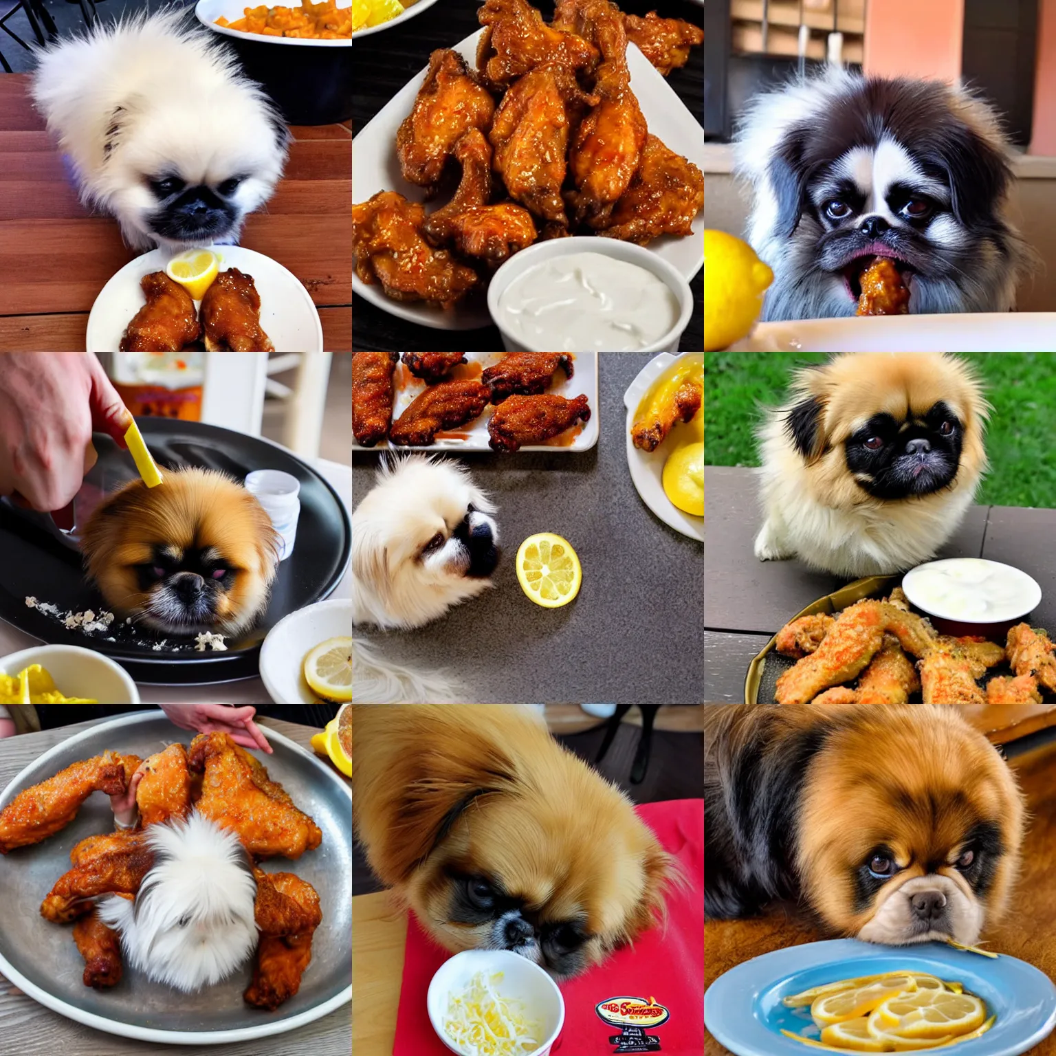 Prompt: a fat pekingese eating lemon pepper hot wings