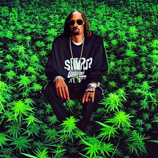 Image similar to Snoop Dogg in a marijuana field, cinematic lighting, award winning photography