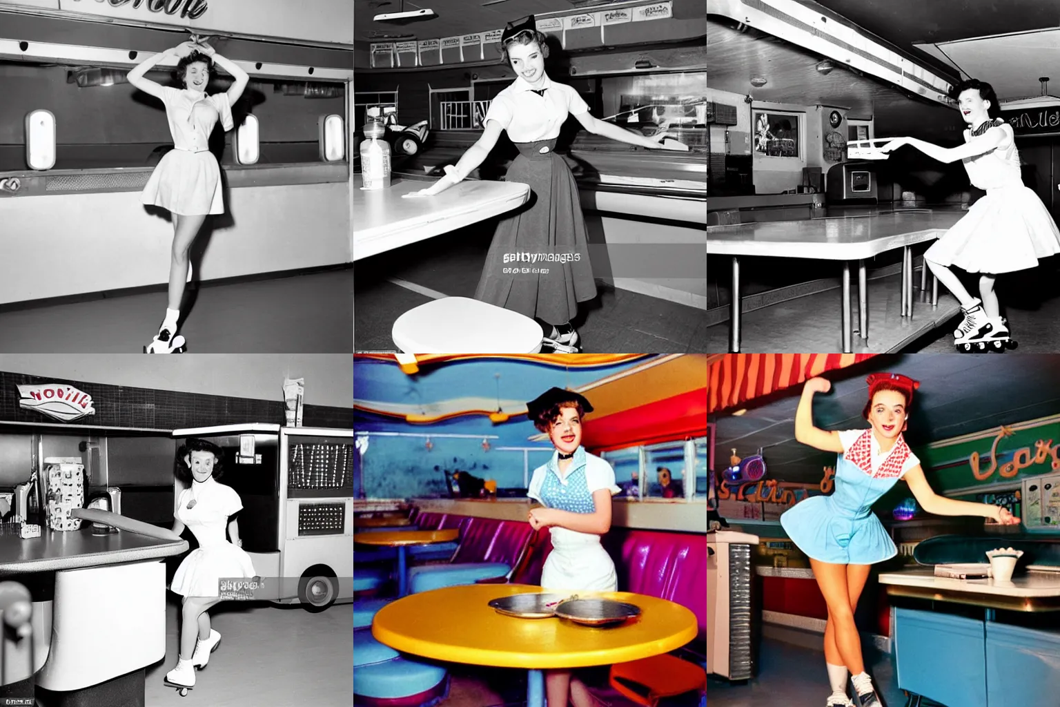 Prompt: roller skating cat waitress at a 1950s drive-in diner