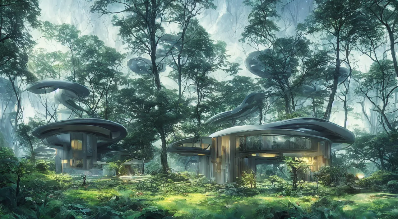 Image similar to a futuristic house sitting in the middle of the forest, unreal engine, fantasy art by greg, loish, rhads, ferdinand knab, makoto shinkai and lois van baarle, ilya kuvshinov, rossdraws, tom bagshaw, night lighting, trending on studio ghibli, volumetric lighting, octane render, 8 k, keyshot