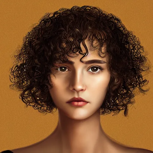 Prompt: portrait of a young lady with curly black hair and brown eyes and round face with thin lips, hyperrealistic, ultra detailed, brown eyes