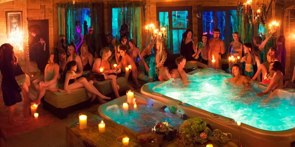 Image similar to opening shot of a party at midnight, indoors, bay area, candles, hot tub, friendship, fun, peyote colors, cinematic movie still