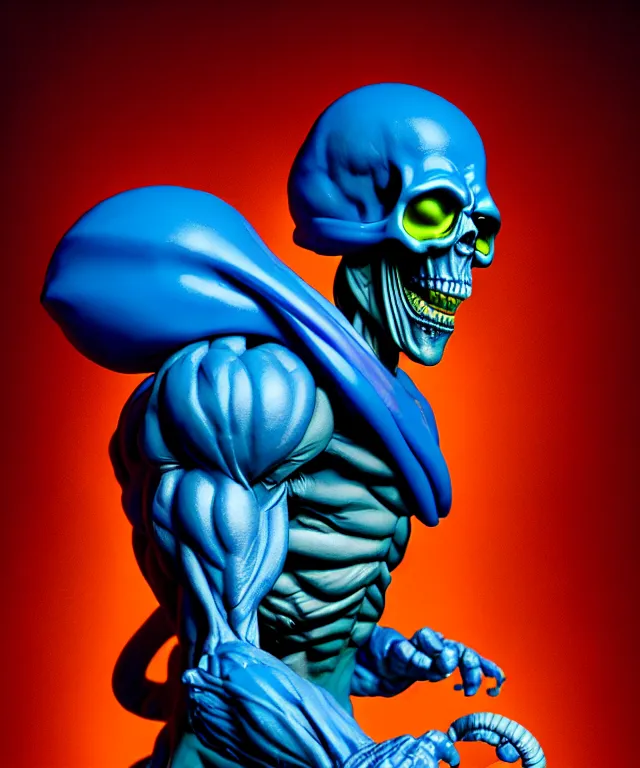 Image similar to hyperrealistic rendering, skeletor, by art of skinner and richard corben and jeff easley, product photography, action figure, sofubi, studio lighting, colored gels