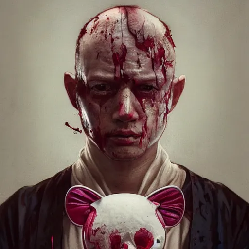 Image similar to portrait painting of a bloodied serial killer with a hello kitty mask, ultra realistic, concept art, intricate details, eerie, highly detailed, photorealistic, octane render, 8 k, unreal engine. art by artgerm and greg rutkowski and alphonse mucha