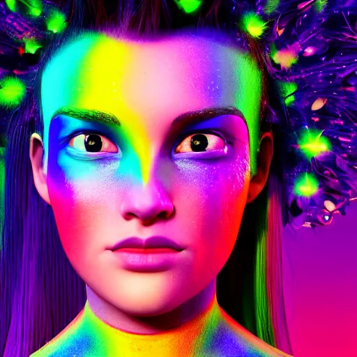 Image similar to A head and shoulders portrait of a Prismatic Spectrum Cosmic Magical Girl from the Rainbow Sky Paradise, full round face, teary eyes, slight smirk, tomorrowland, medium shot, lit by flashing pixel light, fully covered in colorful paint, ambient occlusion, 3D render, glowing neon, unreal engine 5