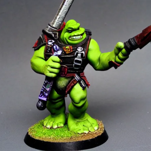 Prompt: Ork Shrek with long ears, painted warhammer 40k miniature