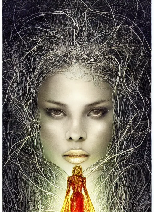 Image similar to glowing silver and golden elements, full close-up portrait, A beautiful dark witch in front of the full big moon, book cover, green forest, red white black colors, establishing shot, extremly high detail, foto realistic, cinematic lighting, pen and ink, intricate line drawings, by Yoshitaka Amano, Ruan Jia, Kentaro Miura, Artgerm, post processed, concept art, artstation, matte painting, style by eddie, raphael lacoste, alex ross