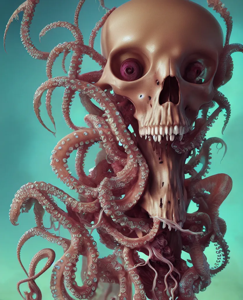 Image similar to goddess close - up portrait human skeleton, ram skull, octopus, jellyfish, orchid, betta fish, bioluminiscent, intricate artwork by tooth wu and wlop and beeple. octane render, trending on artstation, greg rutkowski very coherent symmetrical artwork. cinematic, hyper realism, high detail, octane render, 8 k