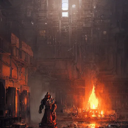 Image similar to adeptus mechanicus techpriest at a forge, by cedric peyravernay and feng zhu, highly detailed, excellent composition, cinematic concept art, dramatic lighting, trending on artstation