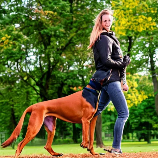 Image similar to girl riding a giant doberman in the park