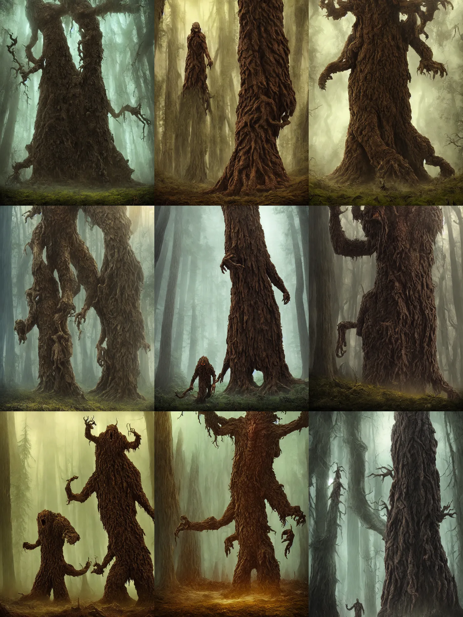 Prompt: Vengeful humanoid redwood tree-monster, burly, walking, deforestation, high fantasy, matte painting, midjourney