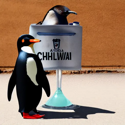 Prompt: a penguin dresses with chilean national outfit holding a bottle of wine in the style of 9 0 s video game