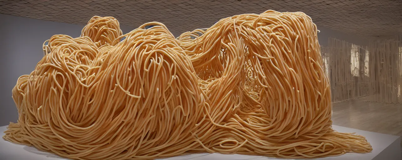 Image similar to famous sculpture made of spaghetti in ny museum of modern art, in the style of louise bourgeois, kodachrome film, retro