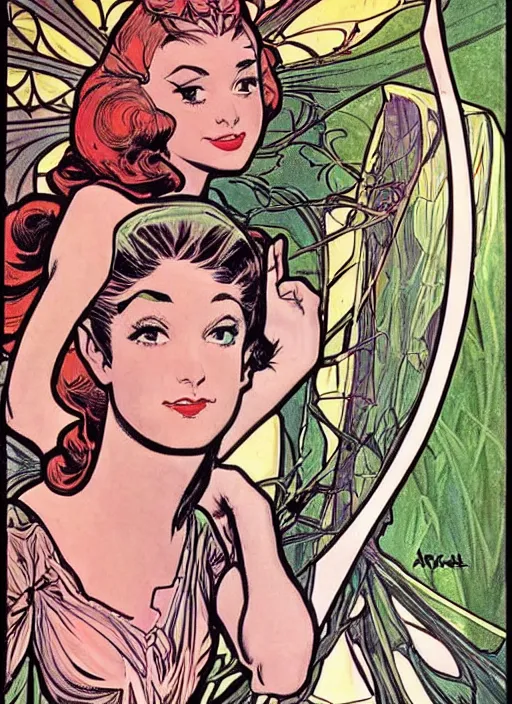 Image similar to a beautiful young woman. she is an elf, a fairy. well composed, clean elegant painting, beautiful detailed face. retro comic book art by steve ditko and jack kirby and ( alphonse mucha )
