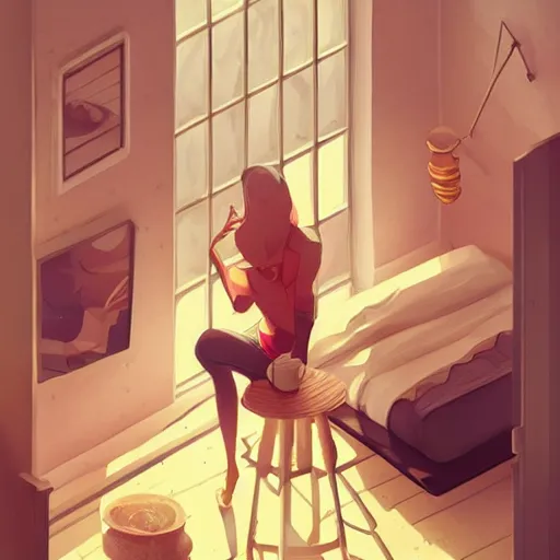 Prompt: an isometric interior design of a beautiful cosy bedroom by the beach in the style of artgerm, charlie bowater, atey ghailan and mike mignola, vibrant colors and hard shadows and strong rim light, plain background, comic cover art, trending on artstation