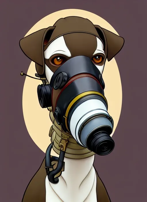 Image similar to intelligent white brown greyhound wearing gas mask, natural lighting, path traced, highly detailed, high quality, digital painting, by don bluth and ross tran and studio ghibli and alphonse mucha, artgerm