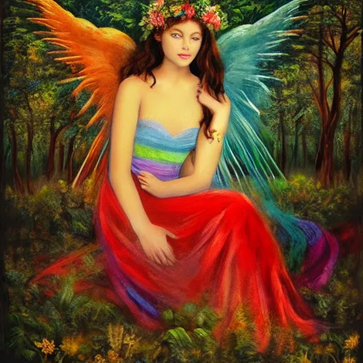 Image similar to a masterpiece portrait of a sad angel sitting in a colorful forest in a long rainbow wedding gown